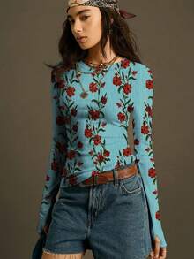 SoleilVie Áo thun dài tay cổ tròn in hoa mới mùa xuân hè, kiểu dáng retro, vintage, đa năng, phù hợp mặc đi làm, chất liệu mềm mại, thân thiện với da, thích hợp mặc ngoài trời, áo thun nữ màu đỏ mới, áo thun in hình Valentine - Màu xanh lam - Xem 5