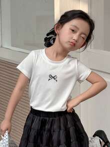 DAZY Girls Toddler Knit Crew Neck Bow Print Short Sleeve Casual T-Shirt - White - View 4