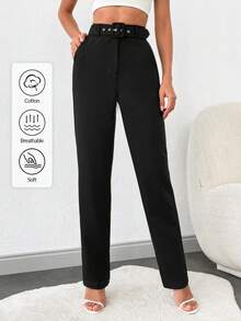 SHEIN Tall Tall Women's Solid High Waist Suit Pants - Black - View 1