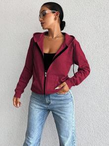 EURMUSE 100%Cotton Zip Up Solid Pocket Front Casual Drawstring Hoodie - Burgundy - View 3