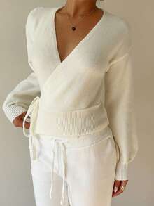 Flirla 休闲百搭纯色系带开衫 - 白色 - 查看 3