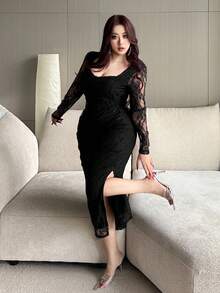 Dazy Plus Robe maxi élégante et sexy pour femmes en grande taille, en dentelle contrastée et ajustée, pour le printemps/été - Noir - View 8