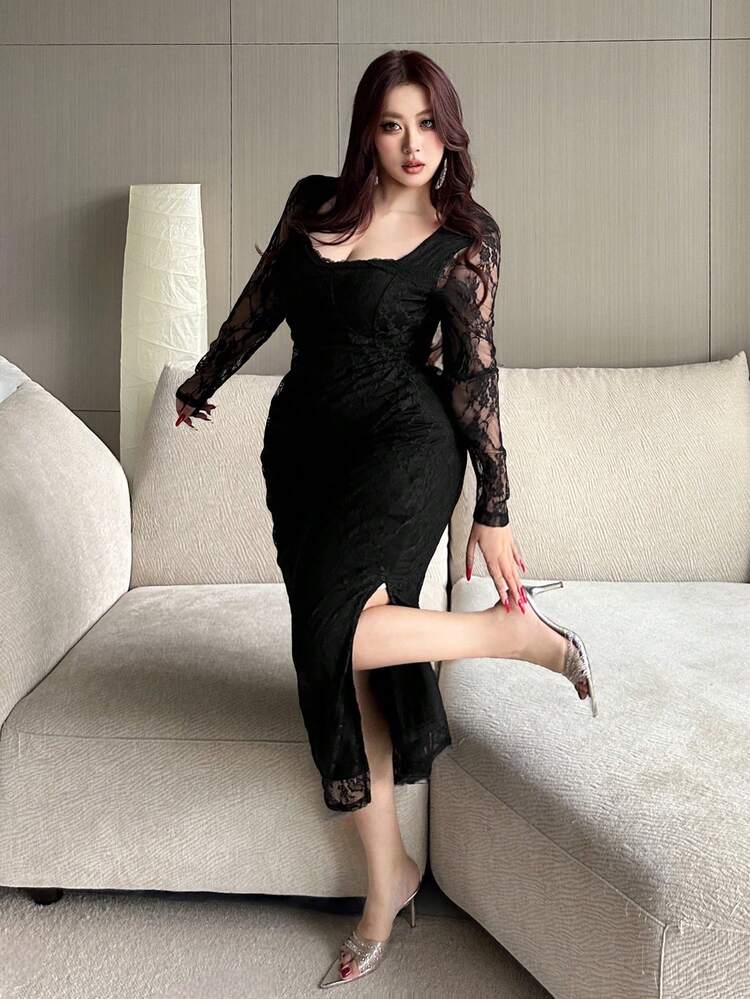 Dazy Plus Stretchy Bodycon Contrast Lace Maxi Elegant Sexy Plus Size Women Dress, Spring/Summer Sundress