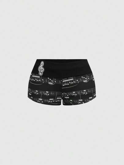 ROMWE J-Fashion Pantalones cortos de mujer de talle bajo con estampado de notas musicales vintage Y2K, para otoño/invierno