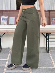 Rivivi Women's Casual Everyday Commute Fashion Street Loose Wide-Leg Jeans - Army Green - View 5