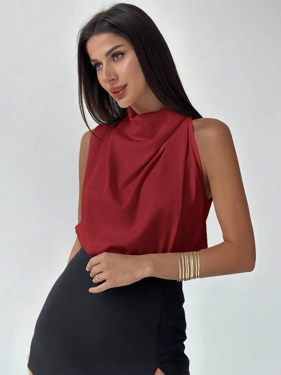 Firerie 女士优雅时尚新款通勤办公日常度假音乐节不对称褶皱杏色衬衫，春夏款 - 紅色 - 查看 1