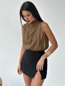 Firerie 女士优雅时尚新款通勤办公日常度假音乐节不对称褶皱杏色衬衫，春夏款 - 咖啡棕 - 查看 6