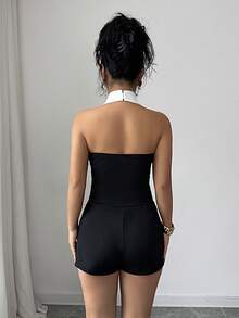 Elenzga Conjunto de 2 piezas de mujer para vacaciones elegantes, top sin espalda de punto negro y blanco con hebilla metálica sin mangas + shorts, para primavera/verano - Negro - Ver 2