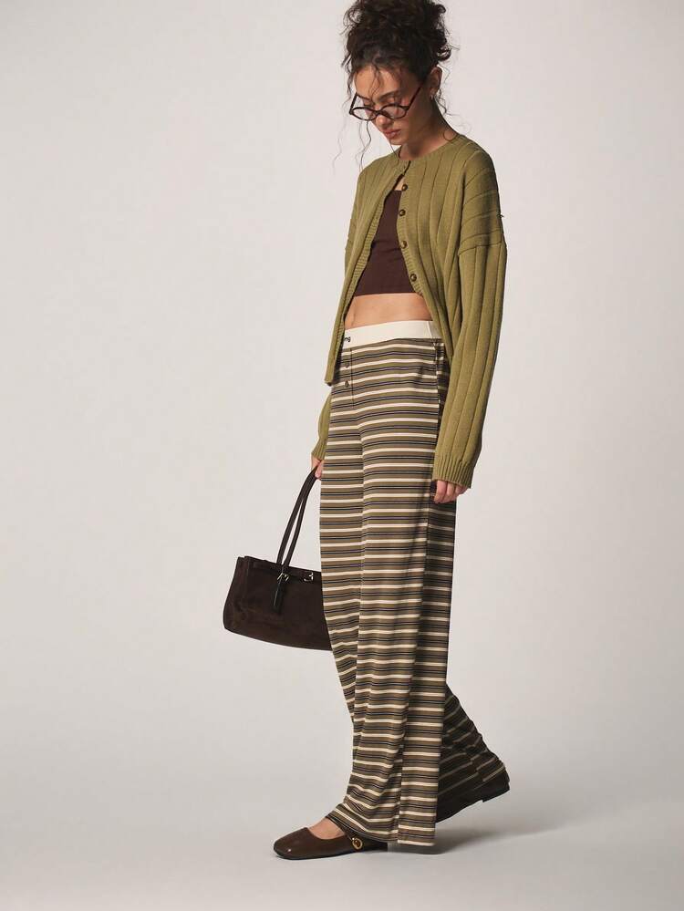 MISSGUIDED Horizontal Striped High Rise Wide Leg Pants With Elastic Waist And Full Length Design For Women Fall Winter 2024