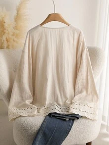 CosyJoli Plus Size Casual V-Neck Long Sleeve Shirt With Tie-Up,Slightly Sheer, Floral Lace Patchwork Texture Clothes For Women Spring