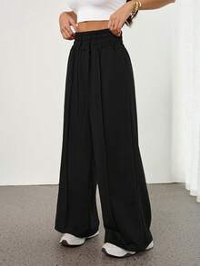 SHEIN PETITE Solid Drawstring Waist Sweatpants Graduation,Back To School Outfits,Graduation,Teacher Outfits For Women,Back To School - Black - View 4