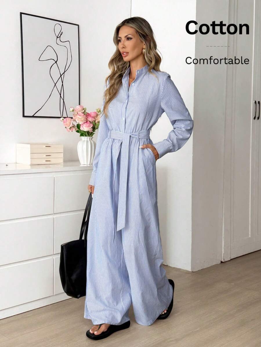 Easowa Chic Blue Striped Jumpsuit For Women Long Sleeve Button Down Collared Neck With Belted Waist Fashionable Wide Leg Romper Elegant Women's Full Length Striped Jumpsuit With Long Sleeves And Tie Belt Versatile Stand Collar One Piece Outfit - Blue - View 1