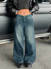 CasuGlow Solid Color Slant Pocket Low Waist Y2K Washed Casual Style Wide Leg Jeans - Light Wash - View 3