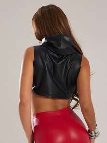 Denimoi High Neck Cropped Faux Leather Top High Turtle Neck Sleeveless Top Fashion Tops Sexy Tops GNO