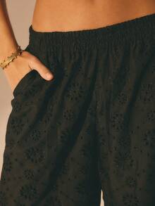 Aralina Women's Low Rise Elastic Waistband Broderie Anglaise Wide Leg Pants Beach Pants Summer Holiday Vacation Pants Comfy Pants Black Pants - Black - View 3