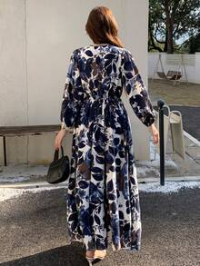 DAZY Women's Floral Print V-Neck Long Sleeve Mid-Length Dress Sundress - Baby Blue - View 3