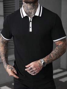 Manfinity CasualCool Men's Jacquard Knit Striped Trim Short Sleeve Polo Shirt, Casual Daily Wear, Hanging Out With Friends, And Relaxing Weekends, Versatile - Black - View 3