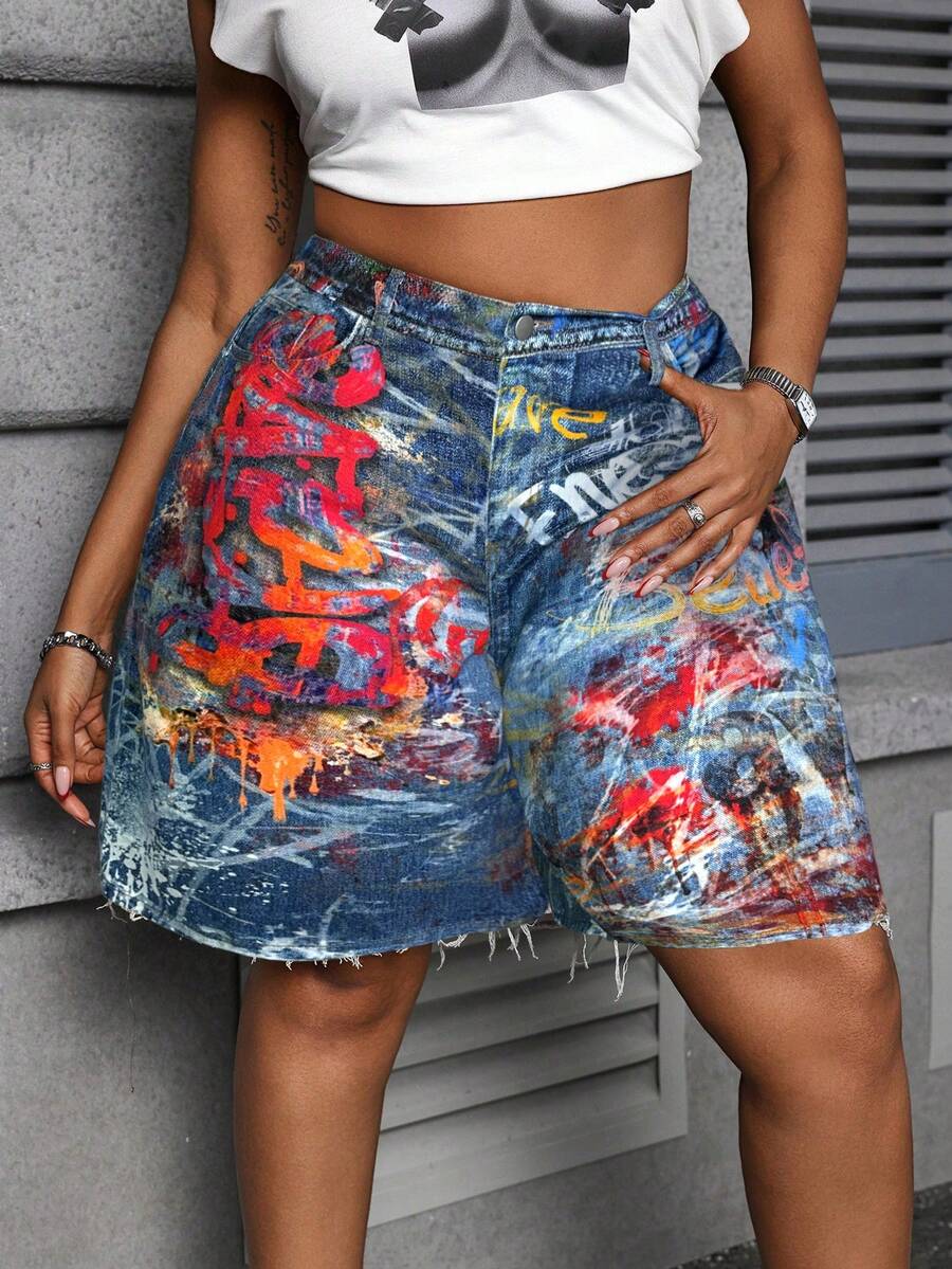 Slaydiva 大码夏季休闲涂鸦印花毛边牛仔短裤 春夏女装 沙滩装 Y2K 女式牛仔裙 Y2K 牛仔裙 时尚女装 牛仔裙 女式半身裙 - 彩色 - 查看 1