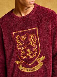 HARRY POTTER X SHEIN 男士Logo刺绣圆领长袖上衣和裤子家居服套装，蓬松舒适的冬季服装