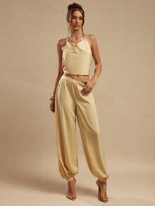 SHEIN BAE Quần satin nữ, quần ống rộng màu vàng gừng thanh lịch, thích hợp cho các buổi đi chơi, ăn trưa, mùa hè, đám cưới, kỳ nghỉ, đi biển. - Màu vàng - Xem 6