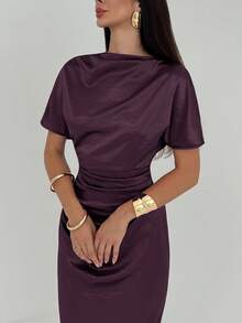 Aloruh Vestido de mujer con cuello drapeado elegante, cintura fruncida, unicolor minimalista, para verano - Morado - Ver 7