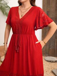 SHEIN Clasi Đầm cỡ lớn thanh lịch phối ren cổ chữ V kiểu Bohemian - Đỏ - Xem 3