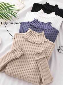 Franclia 欧美博主同款设计，优雅立体褶皱荷叶边长袖针织打底衫，秋冬外出时尚休闲通勤商务办公日常休闲百搭气质都市教师职业装 - 卡其色 - 查看 1