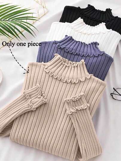 Franclia 欧美博主同款设计，优雅立体褶皱荷叶边长袖针织打底衫，秋冬外出时尚休闲通勤商务办公日常休闲百搭气质都市教师职业装