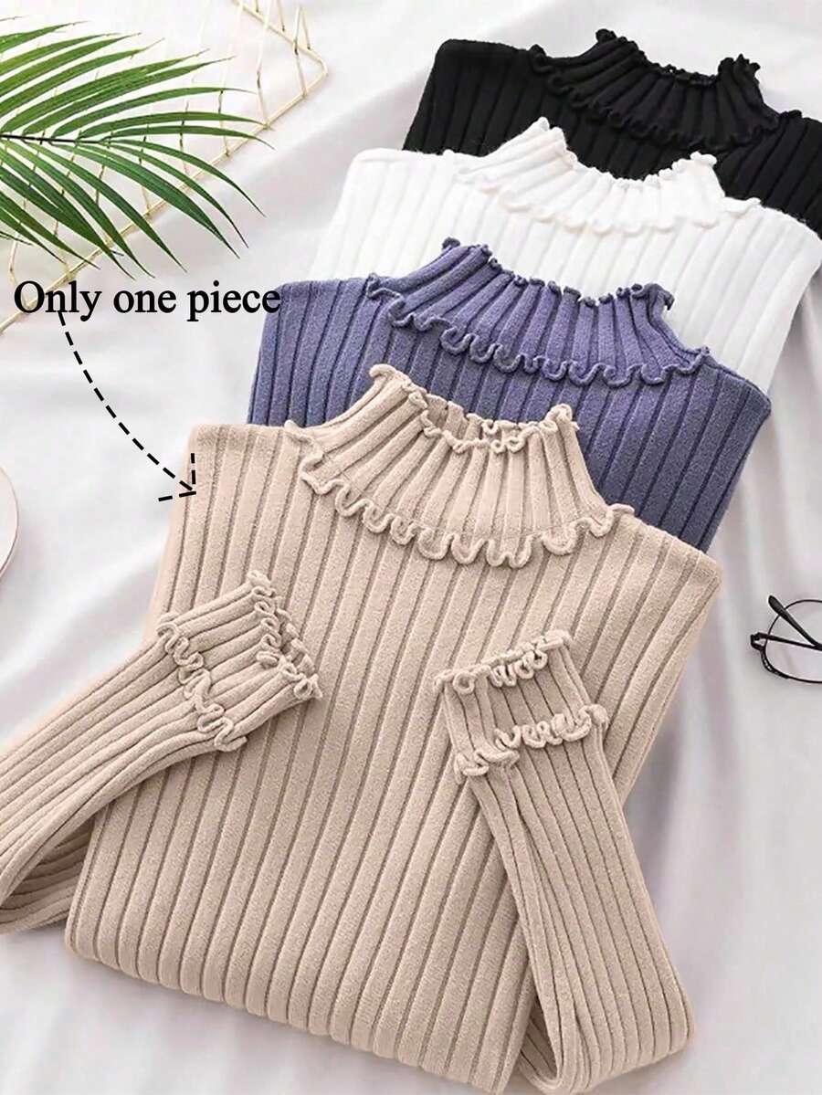 Franclia 欧美博主同款设计，优雅立体褶皱荷叶边长袖针织打底衫，秋冬外出时尚休闲通勤商务办公日常休闲百搭气质都市教师职业装 - 卡其色 - 查看 1