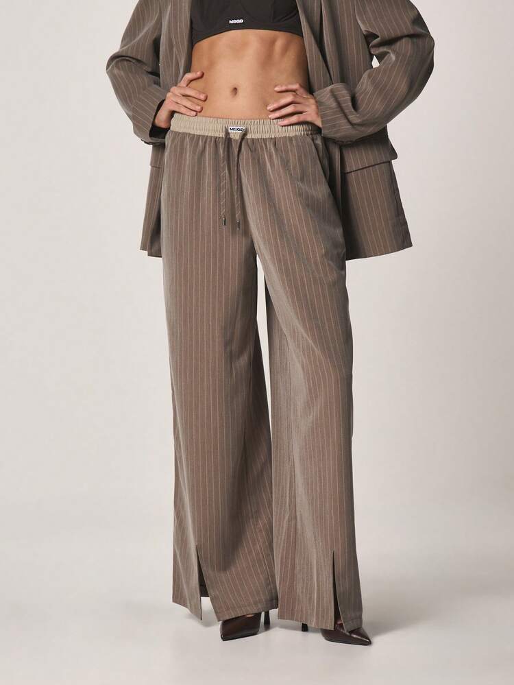 MISSGUIDED Calça Palazzo de Cintura Alta com Listras Finas em Taupe, com Cinto Contrastante, Roupa de Trabalho Profissional de Escritório, Calça Formal de Negócios