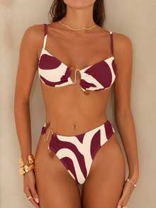 Swim Chiccia Bộ bikini nữ thanh lịch, lãng mạn, trang trí bằng acrylic và kim loại, họa tiết hình học, thích hợp cho kỳ nghỉ trên đảo. - Nhiều màu - Xem 6