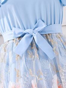 SHEIN Đầm dệt kim thanh lịch tay ngắn cổ tròn phối lưới thêu họa tiết, có thắt lưng, thích hợp mặc hàng ngày, dự tiệc, đám cưới, mùa xuân/hè. - Màu xanh lam - Xem 5