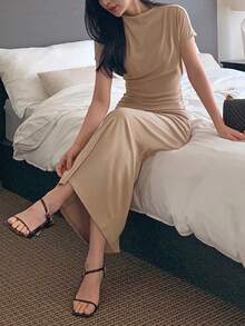 DAZY Women's Mock Neck Wrap Midi Dress - Khaki - View 6