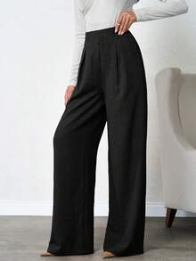 SHEIN Tall 100%Cotton Tall Women's Linen Beige Wide Leg Pants - Black - View 5
