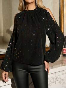 SHEIN Clasi 女式优雅棕色豹纹露肩褶饰领荷叶边灯笼袖长袖衬衫 - 黑色 - 查看 3