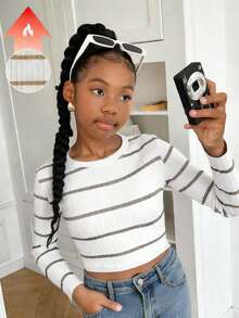 SHEIN 少女罗纹圆领长袖休闲宽松加厚T恤，秋冬套头衫 - 卡其色 - 查看 1