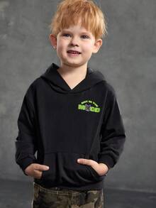 SHEIN How to Train Your Dragon Young Boy Letter & Cartoon Graphic Hooded Sweatshirt - Black - View 3