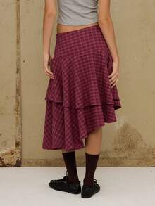 COUREZ Midi Layered Flannel Check Skirt With Asymmetric Hem/ Y2K  Spring Outfits For Women Grunge 2 Piece Sets Red Skirts Cute Spring Outfits Going Out Party Outfits Festivals Outfits Plaid Check Skirt Low Rise Skirt - Burgundy - View 3