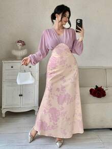 DAZY Robe longue plissée élégante à couleurs contrastées pour femmes, printemps/été - Parme - Voir 7