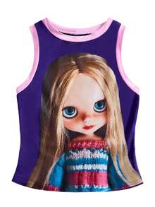 Shutterstock Y2Kool Women's Purple And Pink Spring/Summer Sexy Hot Girl Y2K Millennial Style Purple Casual Anime Doll Print Color-Blocked Trimmed Round Neck Slim-Fit Purple Tank Top Women Birthday For Women Carnival,Valentine's Day - Purple - View 3