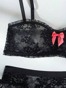 5pcs/Set Romantic Lace Bow Decor Sexy Lingerie Set For Going Out, Baddie Look - Black - View 3