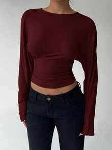 Aloruh Women's Elegant Solid Color Cinched Waist Batwing Sleeve T-Shirt, Autumn/Winter Long Sleeve Cropped Top - Burgundy - View 5