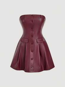 SHEIN MOD Plus Size Women's Fashion Winter Set, Street Style Solid Color PU Leather Lapel Collar Flap Detail Cropped Jacket And Single-Breasted Tube Dress Set,Burgundy Leather Suit,Burgundy Suit,Chic Women's Set ,Valentine Clothes,Wedding Clothes,Y2k Women Clothes Burgundy Outfit Women Leather Outfits For Women Winery Outfit Women,Spring Outfit Women Womens Fall Clothes Leather Set Luxury Clothes For Women