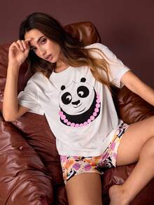 SHEIN Kung Fu Panda Conjunto de pijama de verano con top holgado de estilo murciélago con estampado de dibujos animados lindos y shorts con estampado floral - Blanco - Ver 6