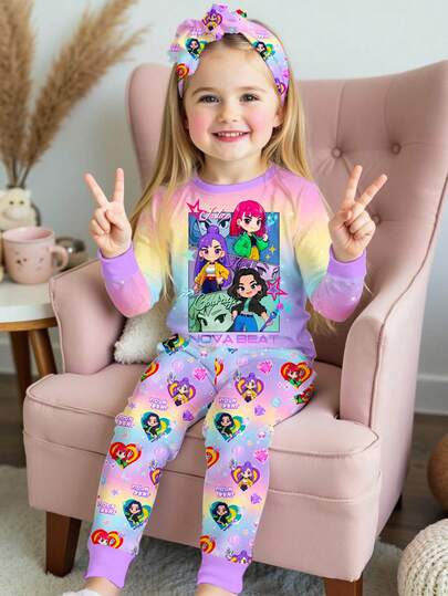 SHEIN Conjunto de pijama de manga larga y pantalones de ajuste ceñido con gráfico de superestrellas K-Pop para niña, adecuado para otoño/invierno