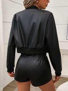 SHEIN PETITE 女士前拉链长袖口袋简约短款仿皮夹克，休闲日常穿着，秋冬季 - 黑色 - 查看 2