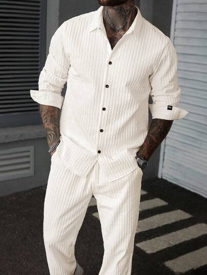 Manfinity CasualCool Men's Solid Color Minimalist Casual Long Sleeve Shirt And Pants Set Men 2 Pieces Set Men Two Pieces Set Cream Outfit Men Men's 2 Pieces Outfits White Men S Co Ord Set,Spring And Summer New Men's Two-Piece Shirt Set, Men's Solid Color Striped Long-Sleeved Shirt Set