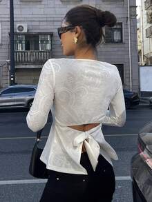DAZY 女士纹理面料圆领露背系带套头衫优雅长袖T恤 - 白色 - 查看 5