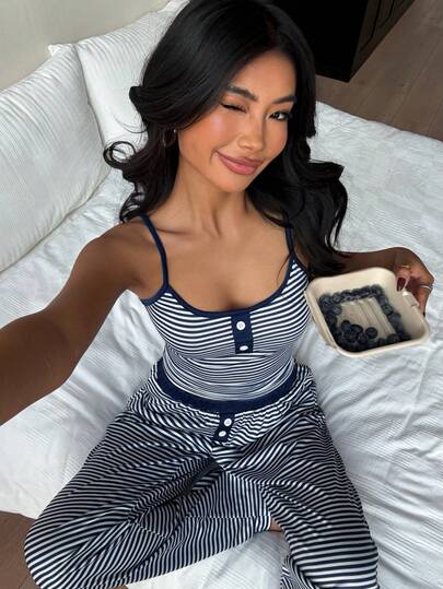 SHEIN Summer Decorative Button Striped Print Bodycon Knit Camisole & Pants Set, Sexy Style