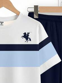 Tween Boy Casual Minimalist, Fashion Classic, Cool Style, Pony Logo, American Retro, Sporty, Color Block, Comfortable Round Neck Short Sleeve T-Shirt And Pants Set, Suitable For Street Style, Home, School